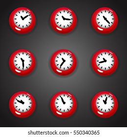 Set Of Colorful Cartoon Style Clock Timer For Game With Animated Hands