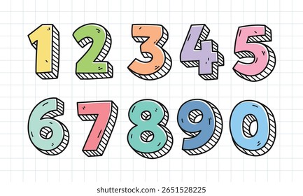 Conjunto de números coloridos em estilo cartoon de 0 a 9, perfeito para materiais de aprendizagem para crianças. Cores suaves e amigáveis para crianças em um plano de fundo em grade projetado para apoiar o ensino de matemática precoce.