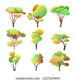Set of colorful cartoon trees different shape with fall leaves isolated on white background, simple style, vector illustration