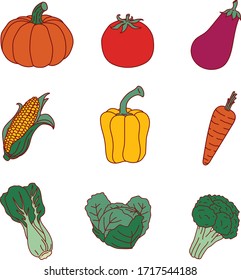 Set of colorful cartoon vegetable icons: pumpkin, tomato, eggplant, corn, pepper, carrot, pak choi, cabbage, broccoli