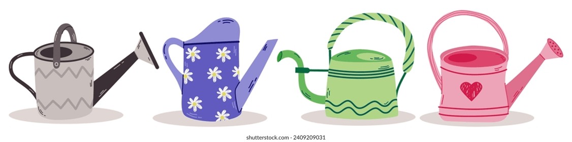 Set of colorful cartoon watering cans. Gardening tools to water the plants and flowers.Seasonal symbols. Suitable for scrapbooking, greeting card, stickers, flower shop.