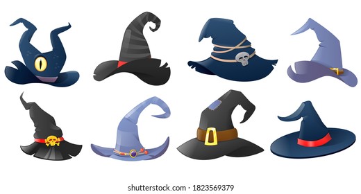 Set of colorful cartoon witch hats. Hats your halloween design, icons collection. Festive carnival headwear. Vector illustration
