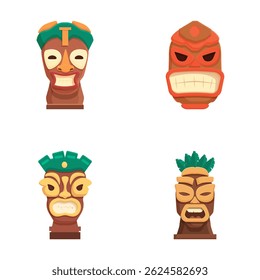 Set of colorful, cartoonstyle tiki masks representing polynesian or hawaiian culture