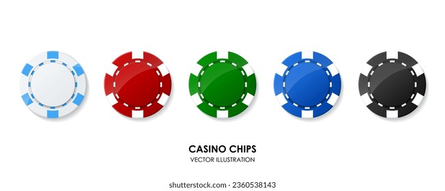 Set von bunten Casino-Poker-Chips. Kollektion von weißen, roten, grünen, blauen, schwarzen Token. Glücksspiel. Heben Sie Geld auf. Versuche Glück! Spielen Sie Roulette einzeln auf weißem Hintergrund. Vektorgrafik