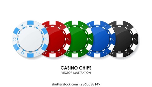 Set of colorful casino poker chips. Collection of white, red, green, blue, black tokens. Gambling game. Risky bet. Raise money. Try luck. Play roulette, blackjack addiction. Vector illustration