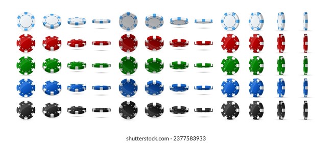 Set of colorful casino poker chips. Collection of white, red, green, blue, black tokens. Gambling game, risky bet. Try luck. Play via real money. Isolated on white background. Vector illustration