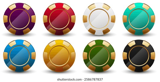 Set of colorful casino poker chips with a glossy effect and golden details. High-quality vector icons for gambling, betting, casino games, and Las Vegas themes