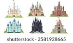 Set of colorful castle designs in various styles. Vector illustration