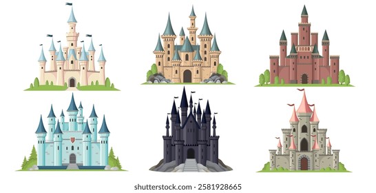 Set of colorful castle designs in various styles. Vector illustration