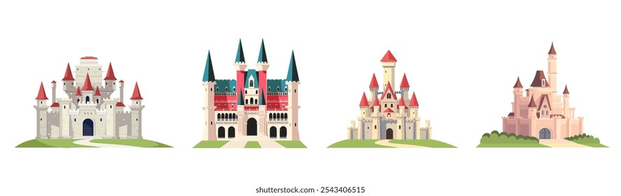 Set of colorful castle illustrations in various styles. Vector illustration