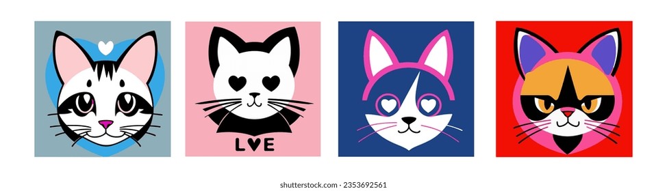 Set of colorful cats with different faces, blue and pink color scheme, vector graphics, pop art. Cartoon avatar.