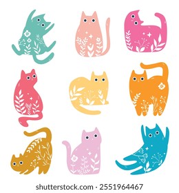 Set of colorful Cats with Folk art ornament pattern.  Isolated simple flat cat in different poses. Vector illustration.