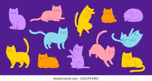 Set of colorful cats silhouette. Bright vector kittens poses collection. Cute cartoon cats bundle.