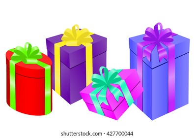 Set of Colorful Celebration Gift Boxes isolated on white background. Vector Illustration. 