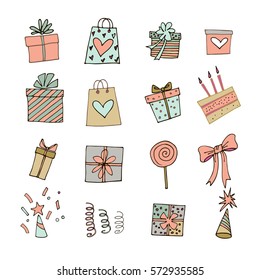 Set of colorful Celebration Icons in doodle style. isolated on white background