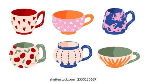 Set of colorful ceramic cups with various patterns like hearts, flowers, cherries and abstract designs. Flat style design. Isolated on a white background.