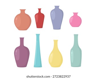 Conjunto de coloridos jarrones de cerámica. Ilustración vectorial en estilo plano. Aislado en el fondo blanco