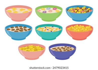 Conjunto de coloridos tazones de cereal para la colección de desayuno, tazón de cerámica con leche y diferentes copos crujientes dulces, comida saludable para niños, concepto de nutrición. Ilustración vectorial de dibujos animados de Vector plano.