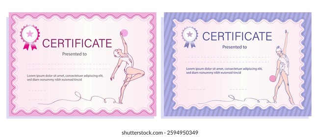 Set of colorful certificates with gymnasts with balls. Diplomas in pink, lilac, blue colours, with wavy vintage frame. Competition certificate design 
