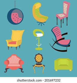 Set of colorful chairs interior detail. Vector illustration