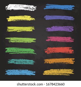 Set of colorful chalk brush strokes on the chalkboard background. Abstract vector illustration.