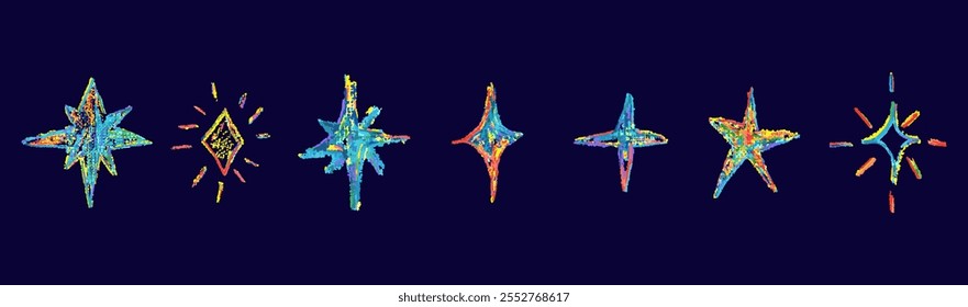 Conjunto de estrelas coloridas de desenho a giz. Coleção de rabiscos brilhantes ou cintilantes. Crianças estilo arco-íris lápis de cera desenho de mão elementos do céu noturno. Formas estelares de textura grunge de crayon vetorial.