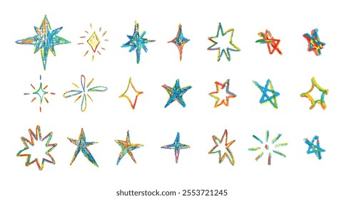 Set of colorful chalk drawing stars. Shine or sparkle doodle collection. Children style rainbow wax pencil handdrawing elements of night sky. Vector crayon scratch grunge texture star shapes.