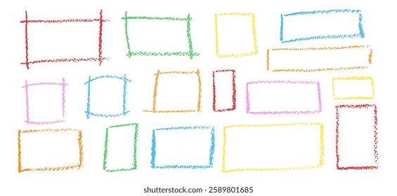 Set of colorful chalk hand drawn frames. Collection of writing on blackboard by children rectangular and square geometric shapes. Vector colorful doodle style outline text boxes with grunge texture