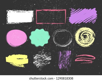 Set of colorful chalk strokes, curved lines, banners and separators on grunge blackboard background. 
