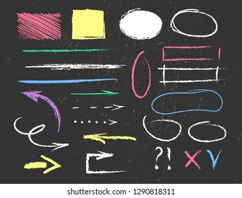 Set of colorful chalk strokes, curved lines, banners and separators on grunge blackboard background. 