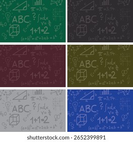 Set of colorful chalkboard-style backgrounds with math formulas, science icons, and learning doodles. Perfect for school, education, and kids-themed designs.