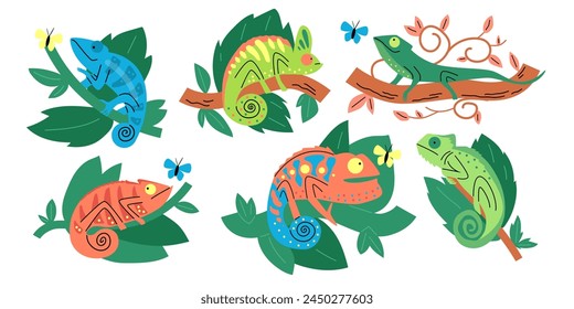 A set of colorful chameleons on leaves with butterflies, showcasing diverse patterns and hues. A vibrant vector set for nature and wildlife themes.