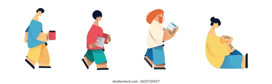 Set of Colorful Character Illustrations in Various Workspaces Enjoying Business Interactions and Technology Tools