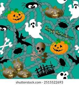 Set of colorful characteristic Halloween symbols. Seamless pattern with pumpkins, bats, skulls, ghost, spiders on background with rough rope. For creating packing, textile, stickers, icons. Vector.