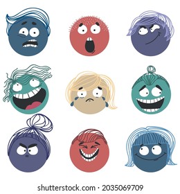 set of colorful characters with different hairs. Round comic Faces with various Emotions.  Cartoon style. Flat design. Hand drawn trendy Vector illustration. 