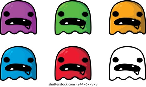 set of colorful characters with open mouths and drooling