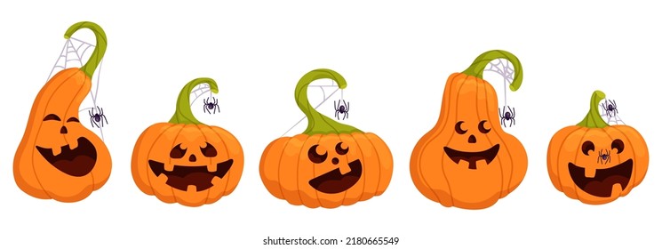 Set of colorful characters of smiling autumn pumpkins with spider and cobweb.Cartoon vector graphic.