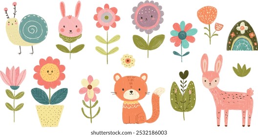 Set of colorful charcoal doodle flowers and animals childrens whimsical style
