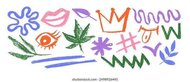 Set of  colorful charcoal drawn symbols: eyes, crowns, lips, crosses,  swirls and dots with dry brush texture. Exclamation and question marks. Bold graffiti style shapes. Vector trendy illustration.