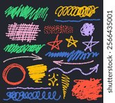 Set of colorful charcoal graffiti doodle shapes. Hand drawn grunge scribbles, squiggles, creative various shapes, pencil drawn icons kids stile. Scribbles, arrows, scrawls, stars, arrows, curly lines.