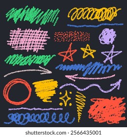 Set of colorful charcoal graffiti doodle shapes. Hand drawn grunge scribbles, squiggles, creative various shapes, pencil drawn icons kids stile. Scribbles, arrows, scrawls, stars, arrows, curly lines.