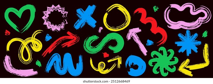 Set of colorful charcoal graffiti geometric shapes. Collection of bold marker brush drawn curved doodle elements for templates and collages. 