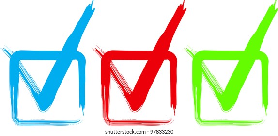Set of colorful check boxes. Grunge brush. Vector illustration