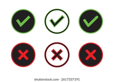 Set of colorful check and cross icons on white background.