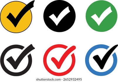 Conjunto de marcas de verificação coloridas dentro de círculos. Perfeito para validação, aprovação, sucesso, tarefas concluídas, pesquisas, aplicativos, interface do usuário e infográficos. Formato de vetor editável.