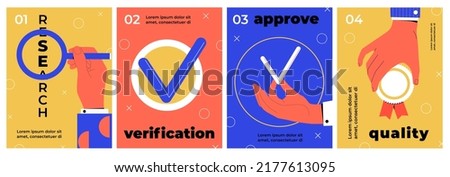 Set of colorful check posters. Covers with hands, ticks and inscriptions research, verification, approve, and quality. Designs for banner. Cartoon flat vector collection isolated on white background