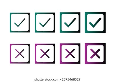 Set of Colorful Check and X Icons for User Interface Design.