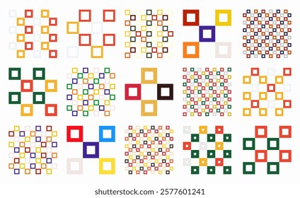 Set of colorful checkered patterns with geometric linear squares. Grid and block designs in vibrant colors. High quality vector illustrations ideal for modern wallpapers and backgrounds