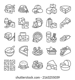 Set of colorful cheese products and food icons. Made linear style. Cheese vector illustration with simple line design.