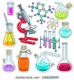 Set colorful of chemical laboratory equipment, test tubes, flasks with colored liquid, microscope and molecules.